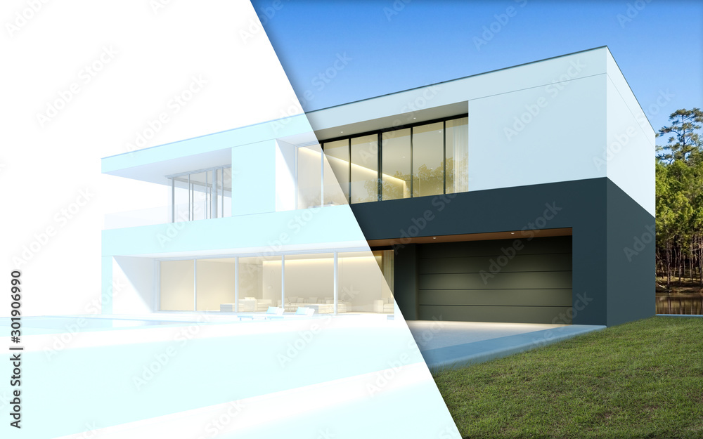 Poster Half frame perspective of luxury modern house with swimming pool on forest lake background and building wire-frame, Idea of minimal architecture design. 3D rendering
