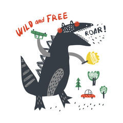 Cute dinosaur. Cartoon creative dino vector illustration in childish style. Vector Illustration. Can be used print print for t-shirts, home decor, posters, cards. © bukhavets