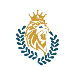 Lion Head Crown Leaf Logo Design Symbol Illustration Isolated