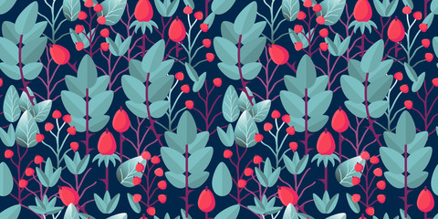 Leaves and berries. Vector Seamless pattern. Elegant plants on blue.