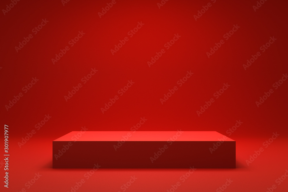 Poster Empty Red background and stand display or shelf with studio for showing or design christmas concept. Blank backdrop made from cement material. Realistic 3D render.