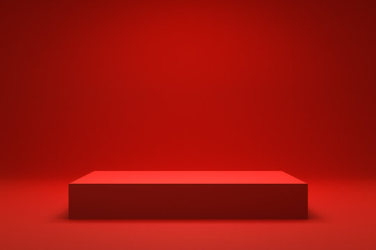 Empty Red background and stand display or shelf with studio for showing or design christmas concept. Blank backdrop made from cement material. Realistic 3D render.