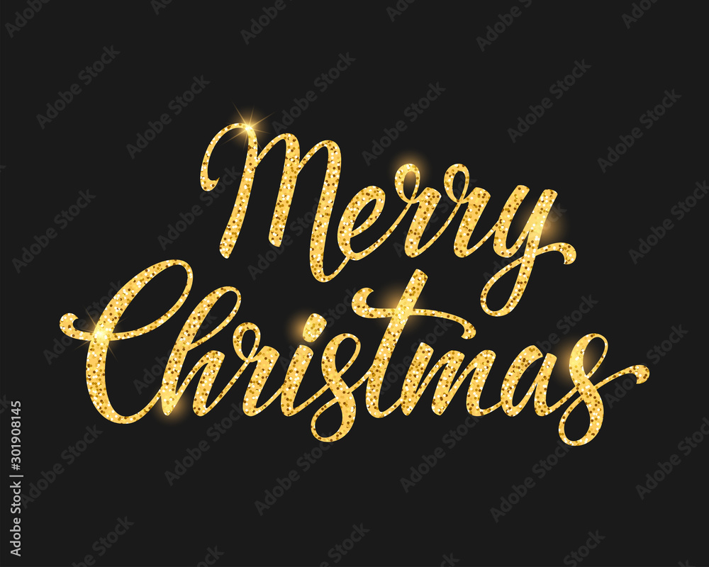 Wall mural merry christmas gold lettering design on black background. vector illustration.