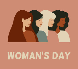 International woman's day card. Diverse female portraits of different nationalities and cultures isolated from the background. Vector concept of the females empowerment movement.