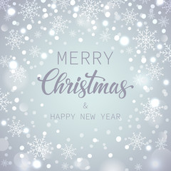 Merry Christmas and Happy New Year. Holiday background with flakes of snows. Vector illustration.