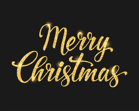 Merry Christmas Gold Lettering Design On Black Background. Vector Illustration.