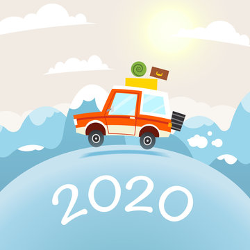 2020 Happy New Year Post card design. Mountain Travel Illustration. Vector flat cartoon car and winter landscape