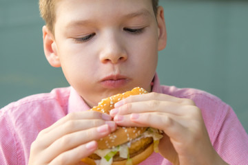 boy in a red shirt eats a fast food sandwich, portrait, close-up