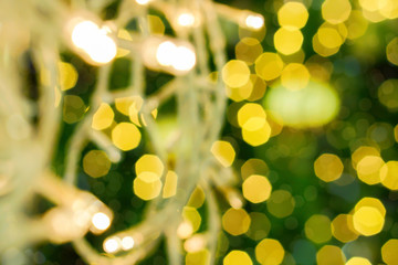 Blurred of Christmas lights on blurry and bokeh of Christmas lighting  background.