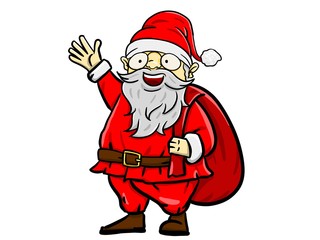 Illustration of a smiling Santa Claus standing and holding a huge bag of gifts, isolated on white background in cartoon style for the Christmas holiday theme.