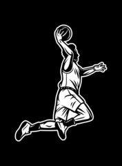 Vintage retro illustration of player jump and do dunk with one hand black and white