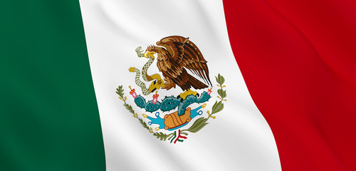National Fabric Wave Closeup Flag of Mexico Waving in the Wind. 3d rendering illustration.