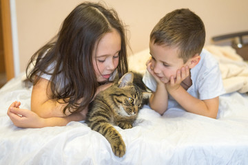 children and cat