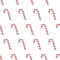 Red candy canes on white background, winter seamless pattern Vector illustration.