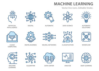 Machine learning line icons set. Vector illustration. Editable stroke.
