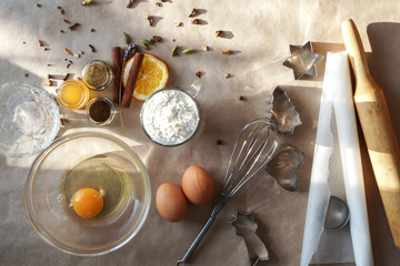 Preparation for baking gingerbreads. Christmas bakery, festive food, homemade culinary. Christmas and New year traditional receipts