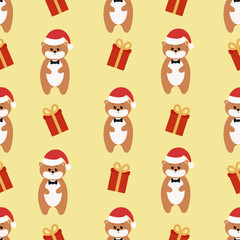 Seamless pattern with cute hamster and presents on a yellow background. Vector illustration.