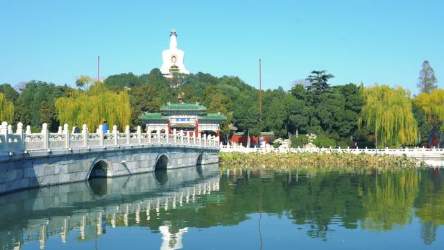 Beijing Beihai Park, Beihai Park White Tower and Stone Bridge Lake Water,Beijing,China