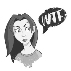 Young woman with confused face expression and  wtf speech bubble