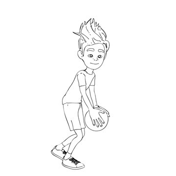 Cartoon character boy with ball. Football player. Vector outline illustration.