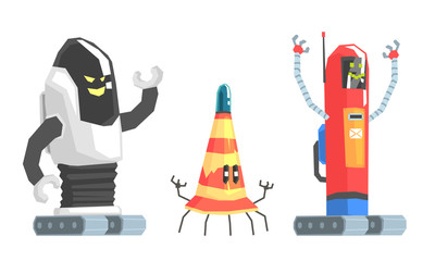 Collection of old humanized robots. Vector illustration.