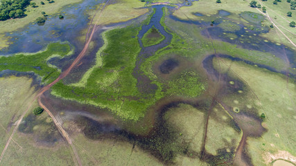 Amazing aerial view of typical Pantanal wetlands landscape crossed by dirt roads with lagoons, rivers, meadows and trees, Mato Grosso, Brazil