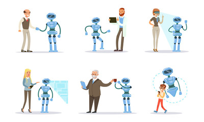People remotely control the robot. Vector illustration.