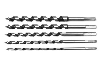 A set of long drill bits for drilling wood isolated on white background