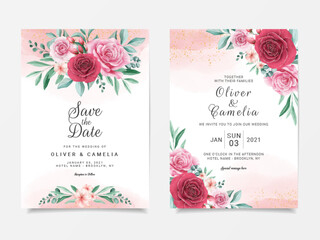 Romantic wedding invitation card template set with burgundy and peach watercolor flowers decor. Floral background with glitter for save the date, invitation, greeting card, poster, multi-purpose