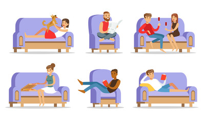 People relaxing at home on the couch. Vector illustration.