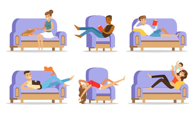 Young people relax on the couch at home. Vector illustration