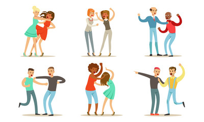 Different people fight violently. Vector illustration on a white background.