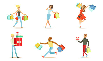 Happy shoppers with packages. Vector illustration on a white background.