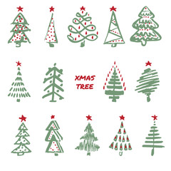 Modern sketch set with trendy stylized christmas tree Isolated on background for winter holiday decoration design. Snowy forest. Vintage style, flat color Abstract concept graphic