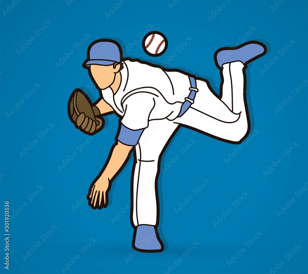 Poster Baseball player action cartoon graphic vector.