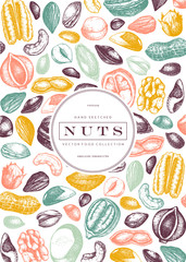 Vector nuts frame design. Hand drawn pecan, macadamia, pine nuts, walnut, almond, pistachio, chestnut, peanut, brazil nut, hazelnut and cashew. Healthy food background. Engraved style nuts and seeds.