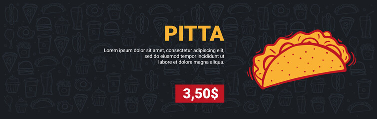 FastFood Menu with Pitta. Hand draw doodle background.