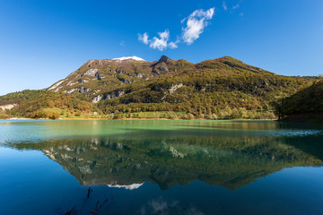Lago di Tenno, small and beautiful lake in Italian alps (Monte Misone), Trento province, Trentino-Alto Adige, Italy, Europe