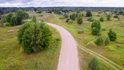 Aerial view on a country road through the forest on a summer day