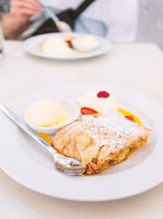 Real Viennese apple strudel in a cafe in Vienna, Austria
