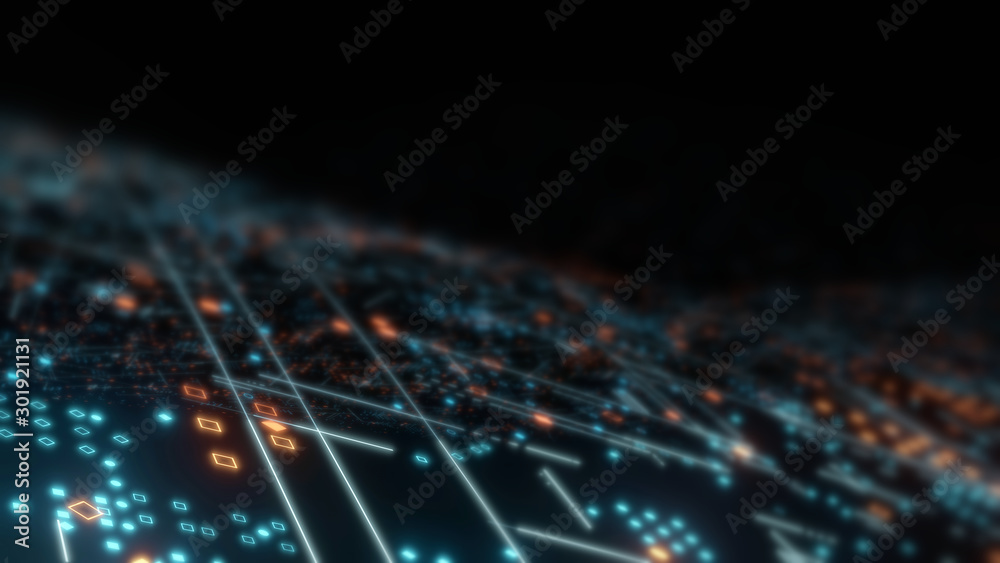 Poster 3d rendering of abstract technology background. glowing dots and lines in orange and blue color with