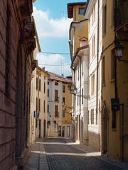 Fototapeta na wymiar VICENZA, ITALY - AUGUST 13, 2019: Beautiful architecture of the old city street