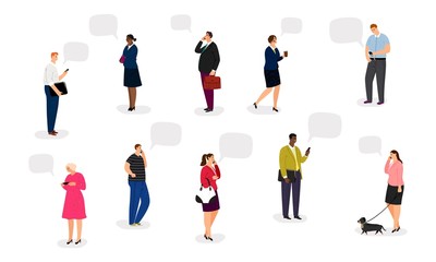 People with smartphones. Businesspeople talk on phones vector illustration. International women and men with modern gadgets, communication concept