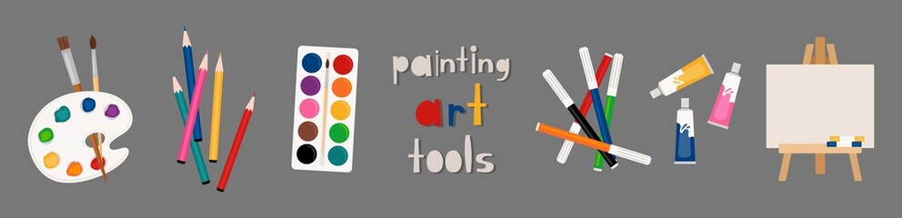 Painter art tools. Paint arts tool kit vector illustration, vector watercolor painting design artists supplies, brushes easel palette felt-tip pens © ssstocker
