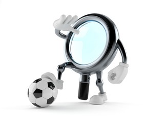 Magnifying glass character with soccer ball