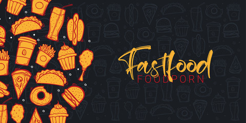 FastFood banner with tasty dishes. Burger, French Fries, Soft Drinks and Coffee. Hand draw doodle background.