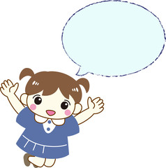 女の子　子ども　ジャンプ　ブルー　吹き出し付き　元気　幼稚園児　保育園児　制服　