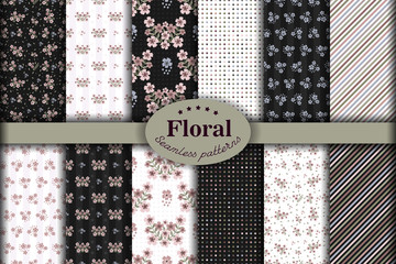 Set of seamless pastel color flower backgrounds on white and black backgrounds