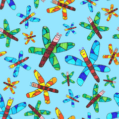 Dragonflies pattern hand drawn, seamless with light blue background