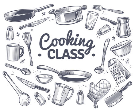 Cooking Class. Sketch Kitchen Tool, Kitchenware. Soup Pan, Knife And Fork, Spoon And Grater Chef Utensils Doodle Vector Gastronomy Concept